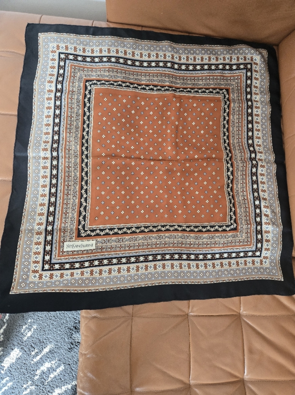 Vintage Yves Saint Laurent Black and Rust Floral Silk Scarf - Picture 2 of 6